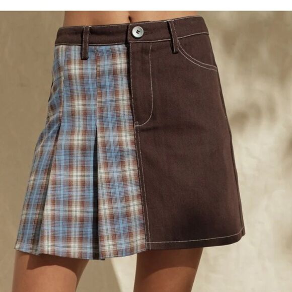 New with tags, papermoon, large Brown and Blue Plaid Women's Skirt - Picture 1 of 7